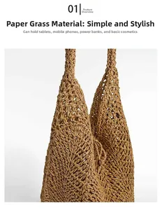Detail of hand-woven straw hobo bag showing textured crochet pattern and khaki paper fiber