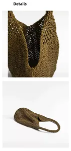 Close-up of deep brown straw bag showing hollow weave texture and inner details