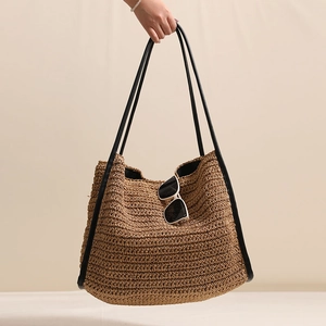 Grande Borsa Tote In Paglia Intrecciata Donna Estate Spiaggia Vacanza Borsa A Spalla Con Chiusura Magnetica E Tracolla In Ecopelle