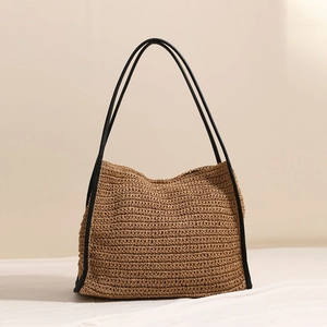 Borsa tote grande in paglia stile francese cachi con manici neri per vacanze al mare