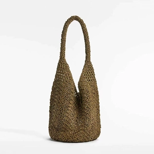 Handmade woven hollow straw shoulder bag in olive green for beach vacation fashion
