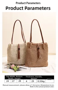Detailed size specifications table for woven cotton beach bag with tassel and wood beads