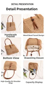 Detail presentation of handmade woven shoulder bag with wooden beads and PU strap