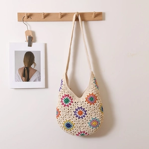 Bohemian Handmade Crochet Woven Shoulder Bag For Women Vintage Flower Pattern Granny Square Cotton Blend Beach Straw Bag