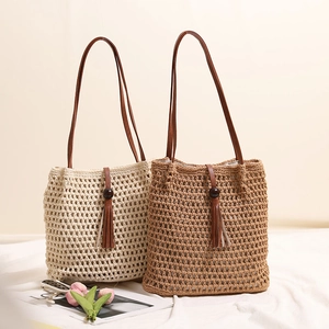 Pleated cotton knit shoulder bags in beige and brown with wood bead tassels