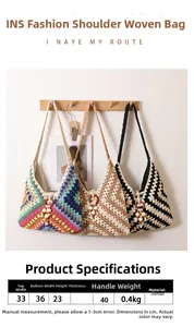 Detailed size chart for handmade crochet woven shoulder bag with colorful granny squares