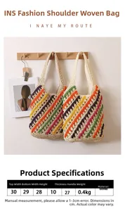Detail showing colorful striped straw shoulder bag with woven texture and wooden hook