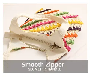 Detail of colorful woven straw bag featuring smooth zipper closure and fabric lining