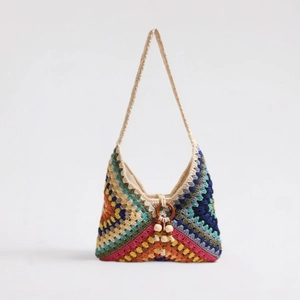 Handmade Crochet Shoulder Bag Cotton Woven Bohemian Style With Wood Bead Tassel Zipper For Women Summer Beach Vacation