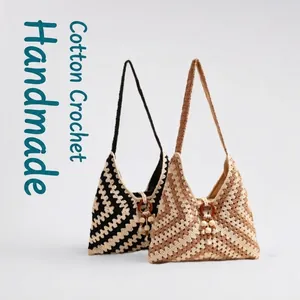 Ethnic cotton woven shoulder bags with crochet pattern and wooden ring tassels