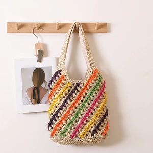 Handmade Crochet Woven Tote Bag Colorful Rainbow Striped Paper Straw Hollow Out Summer Beach Bohemian Handbag For Women