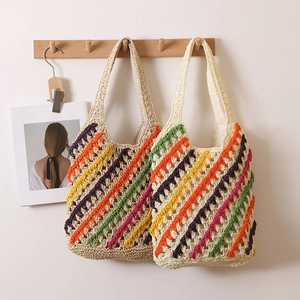 Colorful striped crochet straw shoulder bag for women with vibrant zigzag patterns