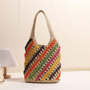 Colorful striped handmade straw shoulder bag for summer beach holidays and daily use