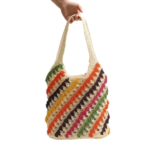 Colorful striped crochet shoulder bag with hollow weave and handmade zigzag patterns