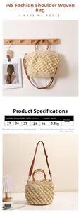 Tableau des tailles détaillé et dimensions du sac en paille avec anses en bois