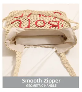 Detail of straw tote bag with smooth zipper closure and beige fabric lining for beach use