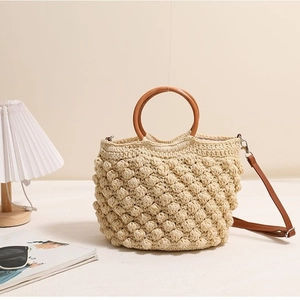 Sac Bandoulière Tissé Avec Poignée Ronde En Bois Coton Crochet Popcorn À Main Pour Femmes Style Vacances Plage