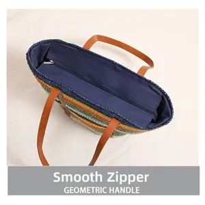Detailed view of striped woven straw tote bag featuring smooth zipper and inner lining