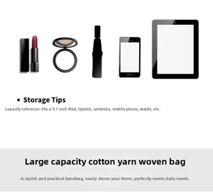 Detail view of large cotton woven bag capacity showing storage for iPad and daily items