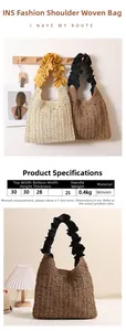 Detailed dimensions of ruffle strap straw tote bag including 30cm width and 28cm height
