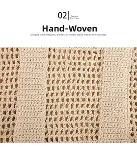Close-up of beige cotton hand-woven hollow pattern on a beach shoulder bag