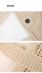 Detail of metal magnetic clasp and wave textured knit pattern on beige beach bag