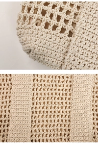 Macro detail of beige woven cotton rope bag with hollow mesh texture and fabric lining