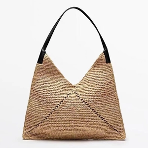French style triangle raffia straw shoulder bag with black leather strap for summer beach