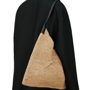 French style raffia straw triangle tote bag with black leather strap for summer vacation