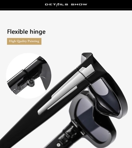 Detailed side view of black sunglasses with flexible hinges and premium polished finish