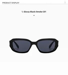 Detailed front view of black thick-frame sunglasses with dark smoke lenses and C01 code