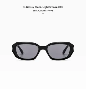 Detail view of model C03 vintage rectangular sunglasses with black frame and light smoke lens