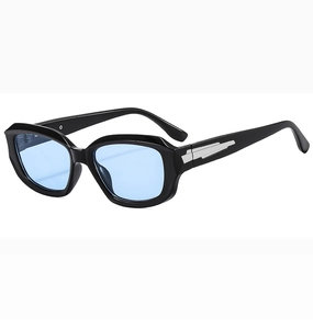 Detail of black frame sunglasses with blue lenses and silver metallic temple decor
