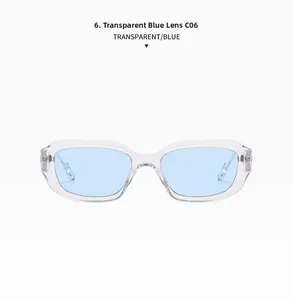 Detail view of rectangular transparent frames with light blue lenses, model C06