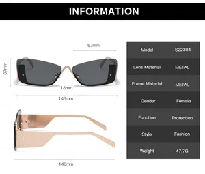 Detailed size chart for metallic cat-eye sunglasses with full frame dimensions and specs