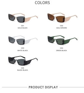 Multiple color options of tech-style cat-eye semi-rimless metallic sunglasses displayed