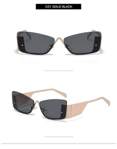 Detailed views of futuristic gold metal cat-eye sunglasses with dark grey lenses