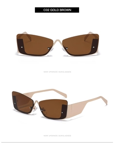 Detail of gold metal cat-eye sunglasses with brown lenses and geometric frame design