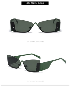 Detail of green semi-rimless cat eye sunglasses with metallic V-bridge and silver rivets