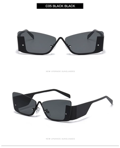 Detail view of tech-style cat-eye semi-rimless sunglasses in C05 black black finish