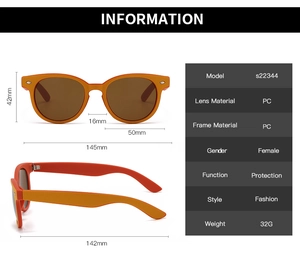 Detaillierte Größenangaben für ovale orangefarbene Sonnenbrille mit braunen Gläsern