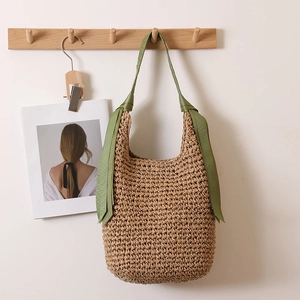 Sac À Épaule En Paille Tressée Avec Ruban En Corde De Papier Grande Capacité Sac De Plage Été Pour Femmes