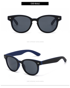 Detailansicht der ovalen zweifarbigen Sonnenbrille mit mattem Schwarz und blauem Inneren