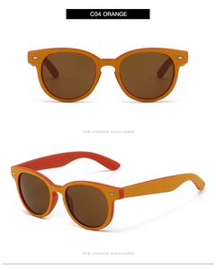 Vorder- und Seitenansicht der ovalen Sonnenbrille in Orange und Rot mit braunen Gläsern