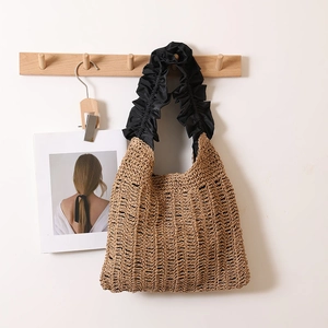 Women Straw Woven Shoulder Bag With Ruffle Fabric Handle Summer Beach Vacation Handmade Paper Tote Handbag