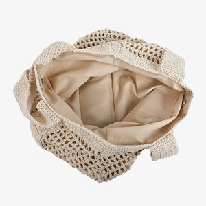Large cream cotton woven beach bag with hollow mesh design and magnetic closure