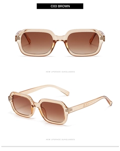 Détails de lunettes de soleil carrées marron avec marquages CE et verres dégradés