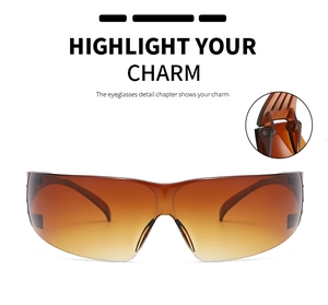 Detail view of the wrap-around hinge and brown gradient lens on y2k frameless sunglasses
