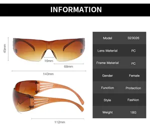 Detailed size chart for rimless Y2K sunglasses with frame dimensions and specifications
