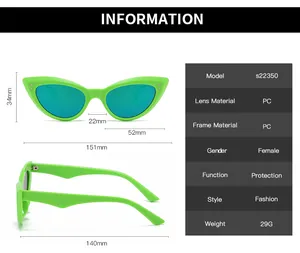 Detailed size chart for cat eye sunglasses showing 151mm frame width and PC material specs